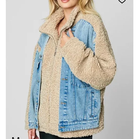 Blank NYC bear hug Blue Denim and Tan Teddy Jacket - Picture 1 of 2